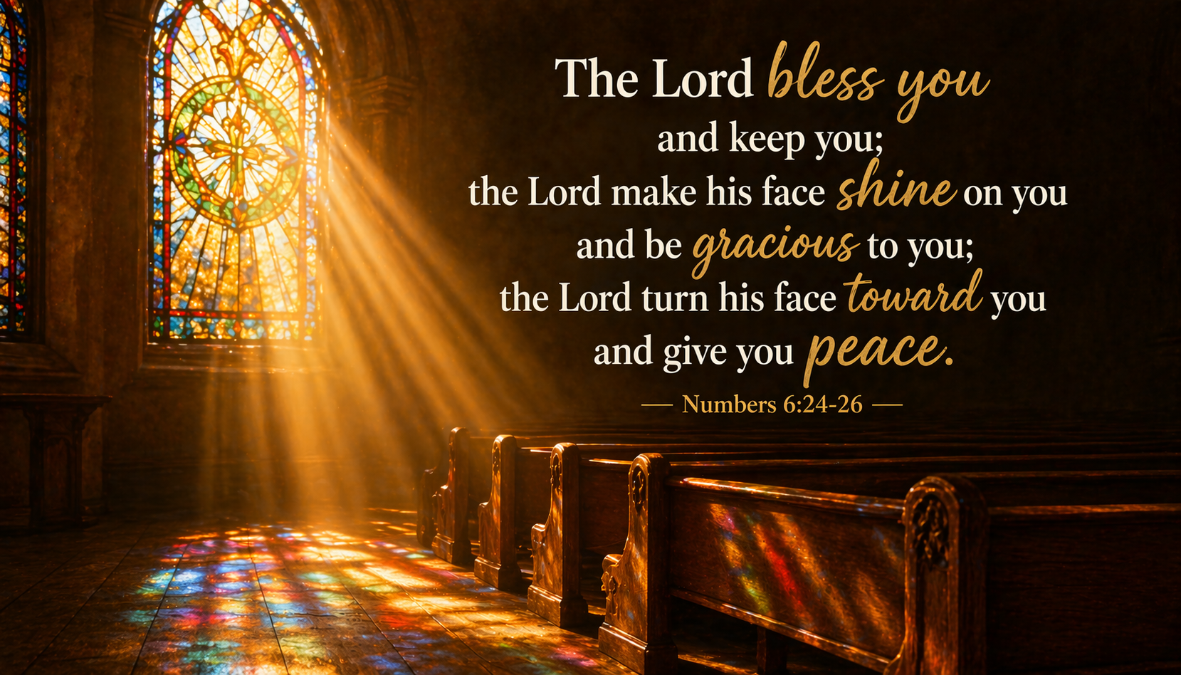 Numbers 6:24-26 Bible verse wallpaper - The Lord bless you and keep you - golden sunbeam through stained glass church window onto wooden pews